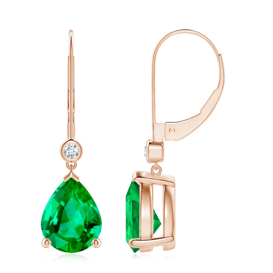 9x7mm AAA Pear-Shaped Emerald Leverback Drop Earrings with Diamond in Rose Gold 