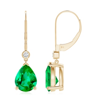 9x7mm AAA Pear-Shaped Emerald Leverback Drop Earrings with Diamond in Yellow Gold