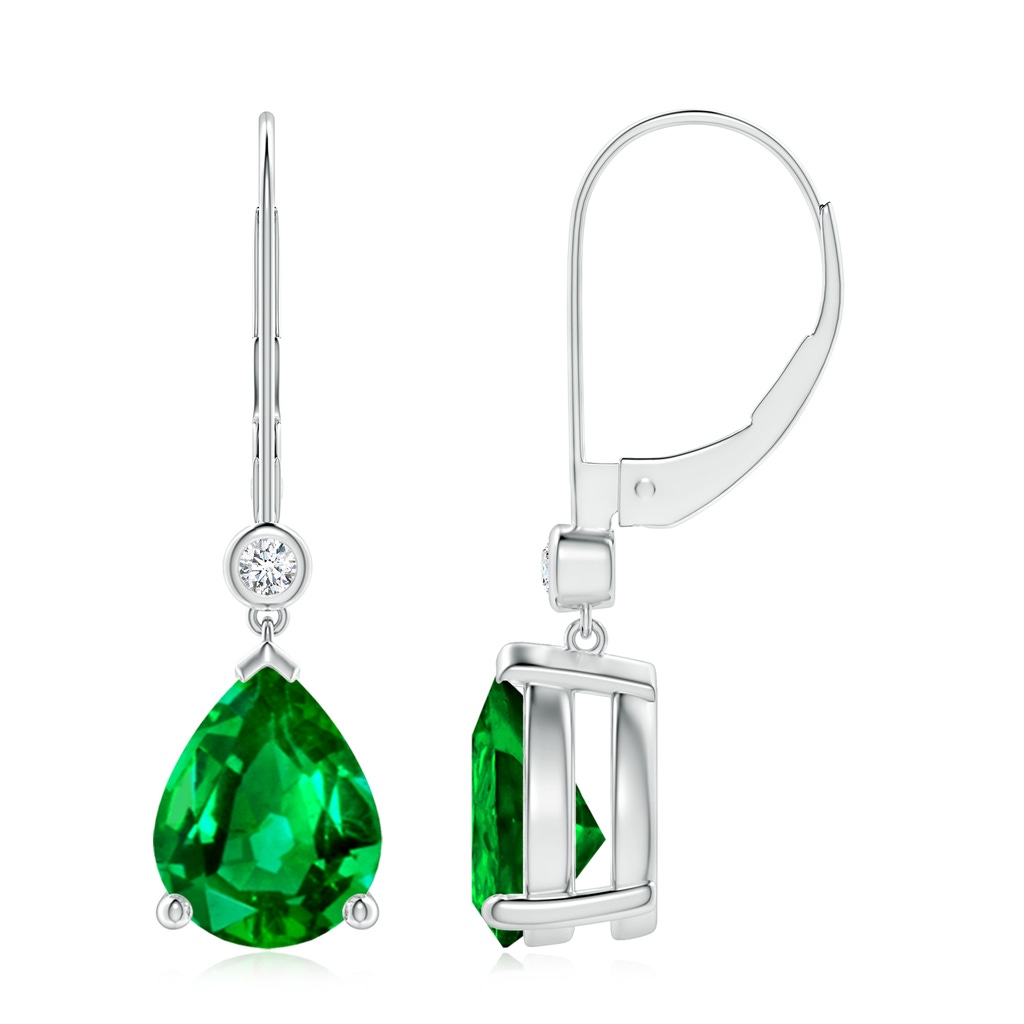 9x7mm AAAA Pear-Shaped Emerald Leverback Drop Earrings with Diamond in 10K White Gold