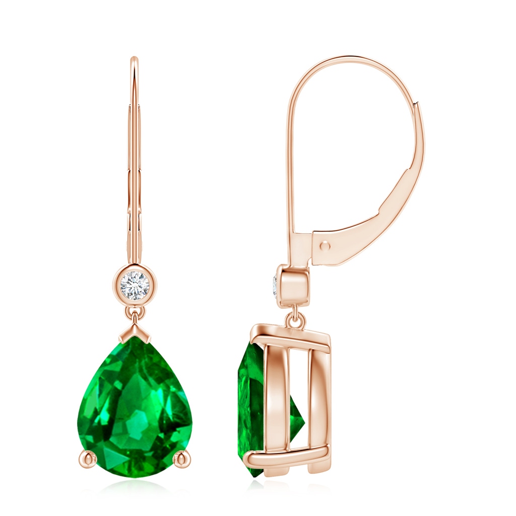 9x7mm AAAA Pear-Shaped Emerald Leverback Drop Earrings with Diamond in Rose Gold