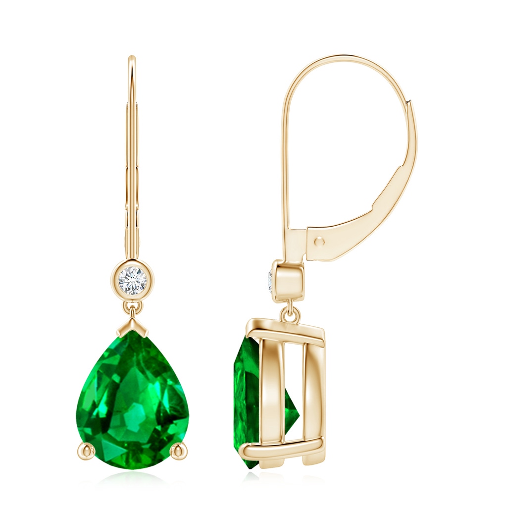 9x7mm AAAA Pear-Shaped Emerald Leverback Drop Earrings with Diamond in Yellow Gold