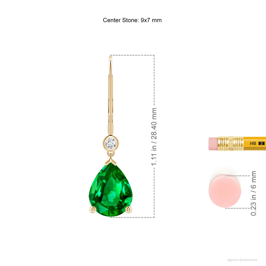 9x7mm AAAA Pear-Shaped Emerald Leverback Drop Earrings with Diamond in Yellow Gold ruler