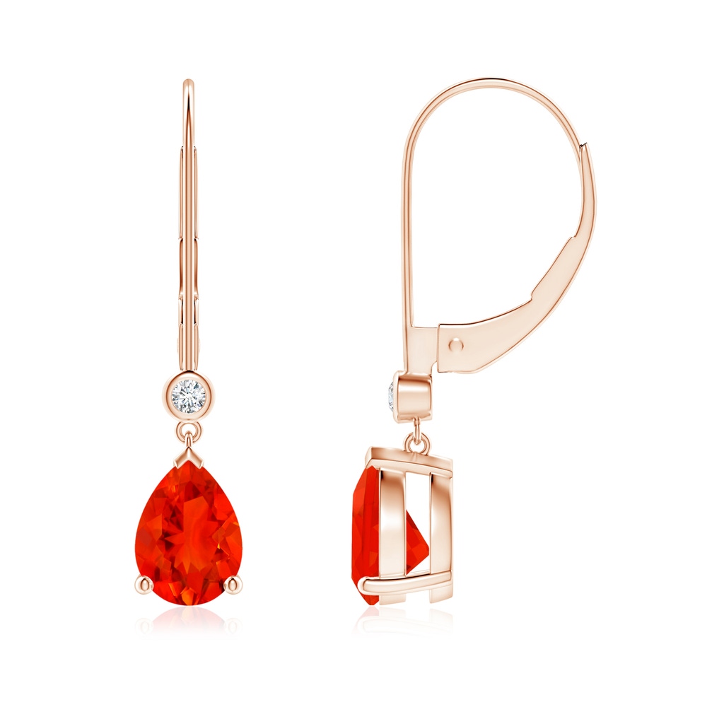 7x5mm AAAA Pear-Shaped Fire Opal Leverback Drop Earrings with Diamond in Rose Gold