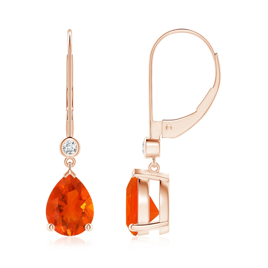 8x6mm AAA Pear-Shaped Fire Opal Leverback Drop Earrings with Diamond in Rose Gold 