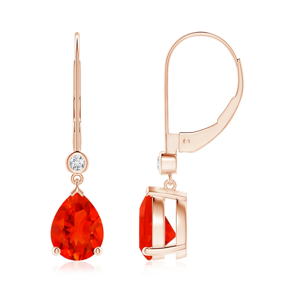 8x6mm AAAA Pear-Shaped Fire Opal Leverback Drop Earrings with Diamond in Rose Gold 