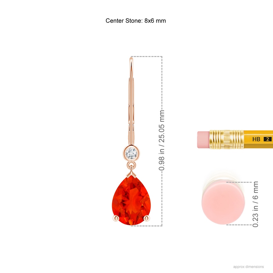 8x6mm AAAA Pear-Shaped Fire Opal Leverback Drop Earrings with Diamond in Rose Gold ruler