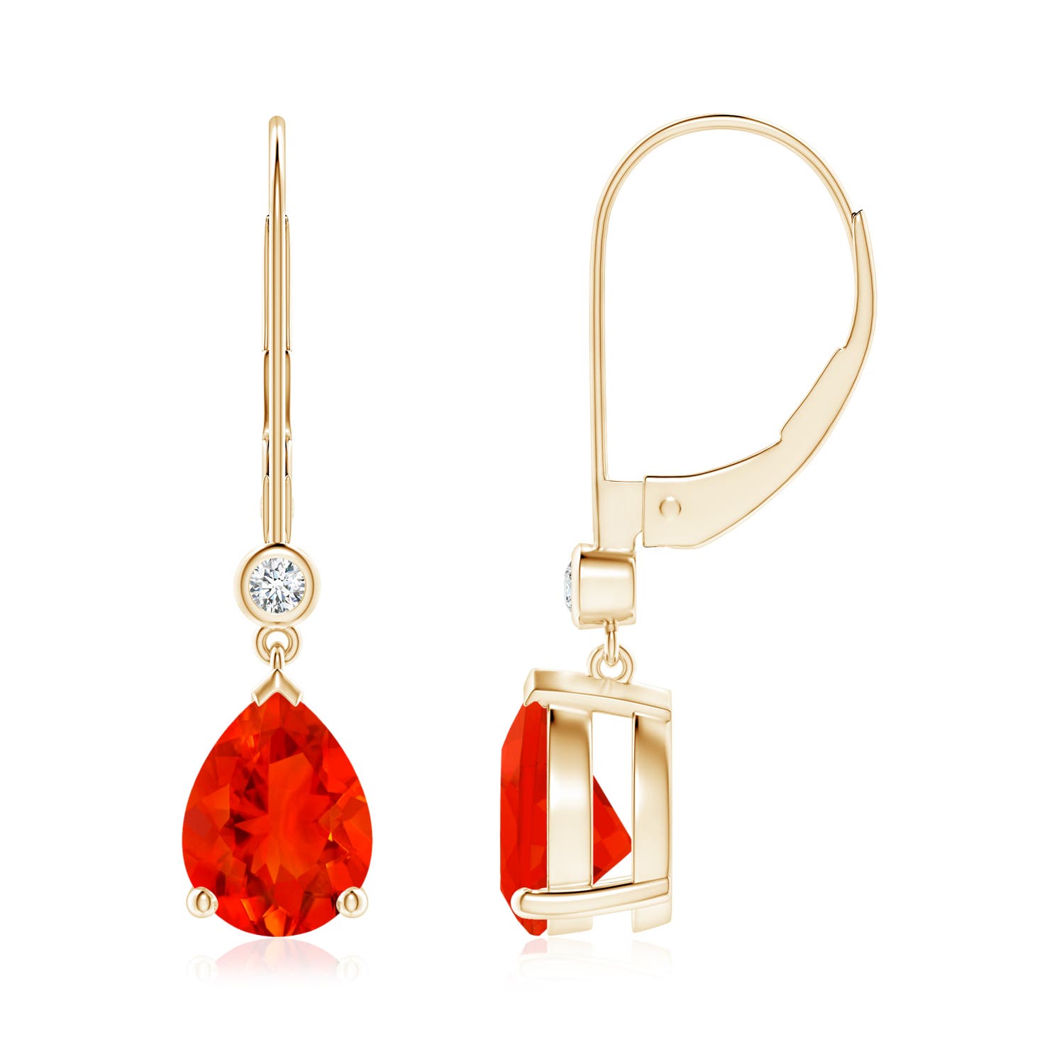 8x6mm AAAA Pear-Shaped Fire Opal Leverback Drop Earrings with Diamond in Yellow Gold