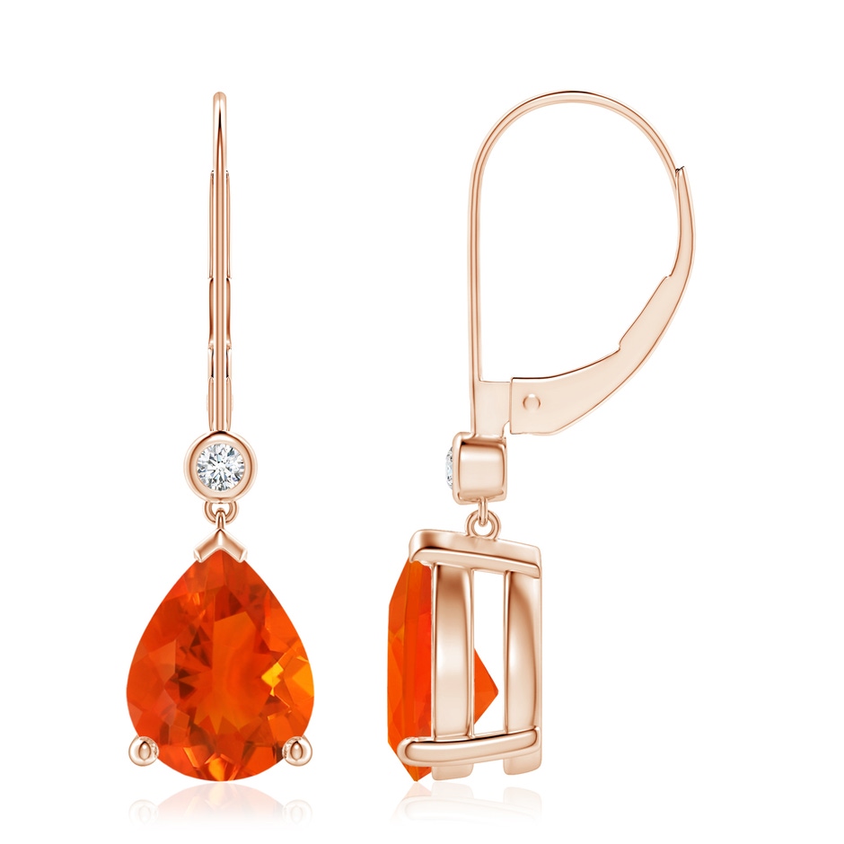 9x7mm AAA Pear-Shaped Fire Opal Leverback Drop Earrings with Diamond in Rose Gold 