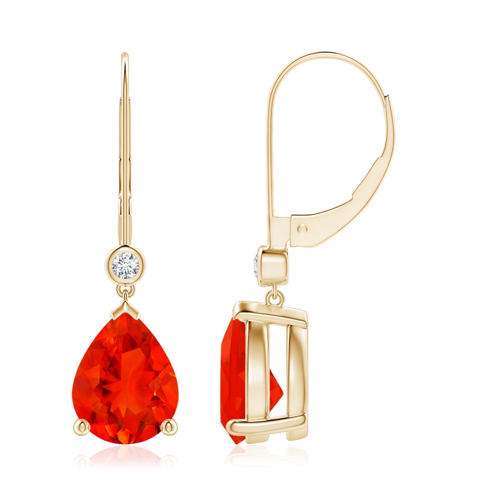 9x7mm AAAA Pear-Shaped Fire Opal Leverback Drop Earrings with Diamond in Yellow Gold 