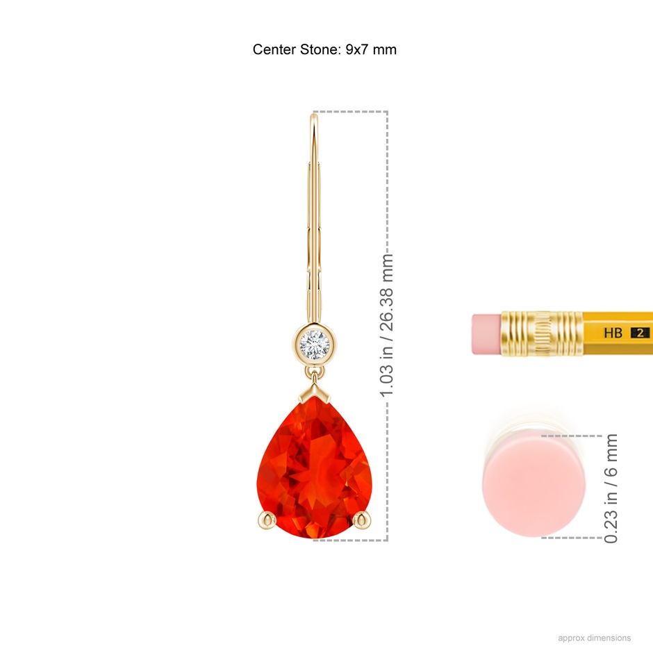 9x7mm AAAA Pear-Shaped Fire Opal Leverback Drop Earrings with Diamond in Yellow Gold ruler