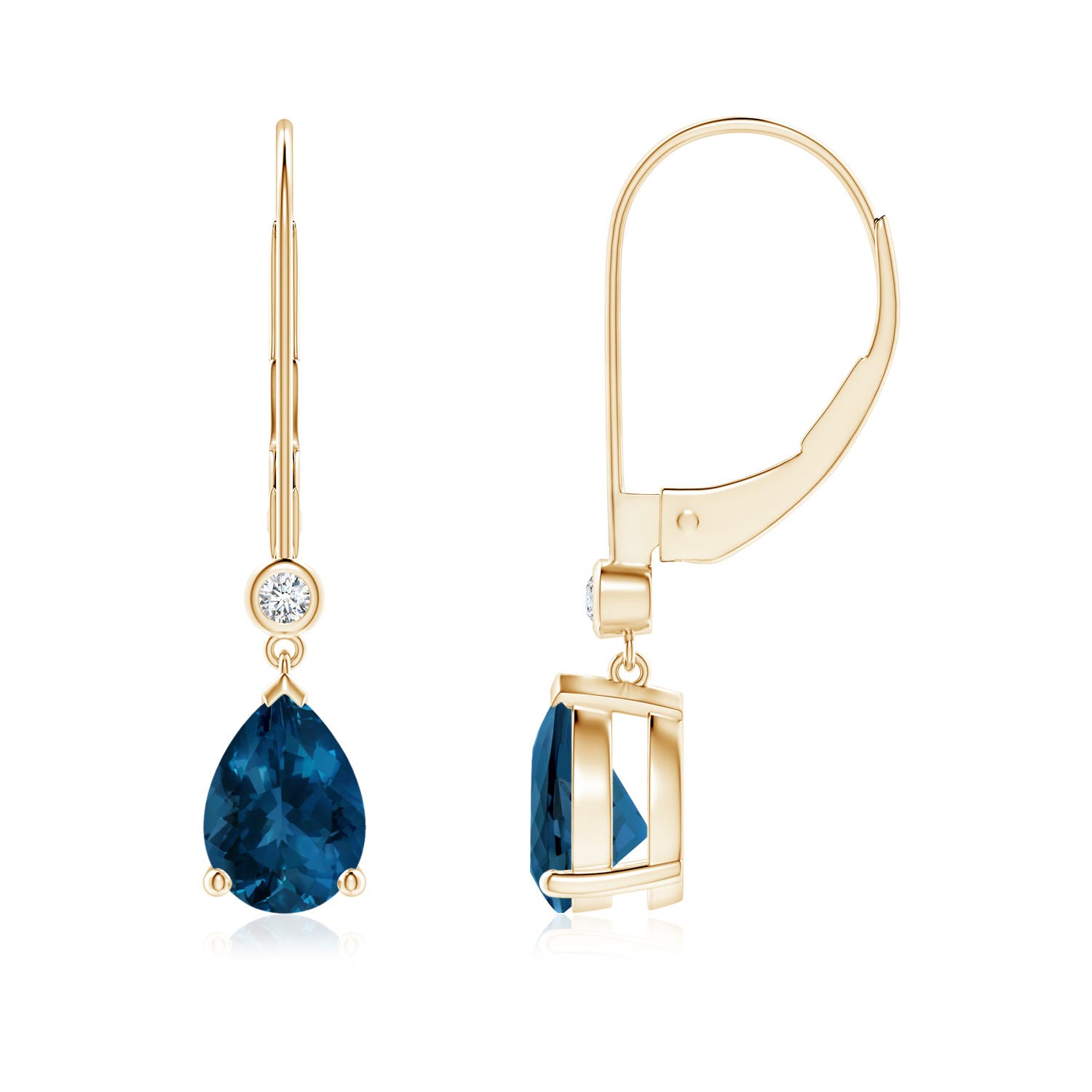 7x5mm AAA Pear-Shaped London Blue Topaz Leverback Drop Earrings with Diamond in 18K Yellow Gold
