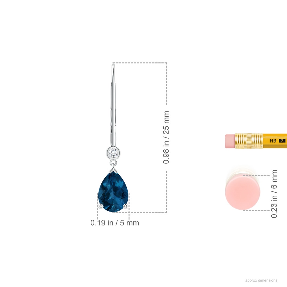 7x5mm AAA Pear-Shaped London Blue Topaz Leverback Drop Earrings with Diamond in White Gold ruler