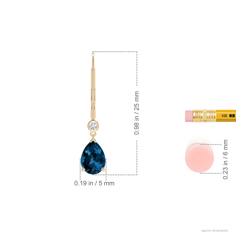 7x5mm AAAA Pear-Shaped London Blue Topaz Leverback Drop Earrings with Diamond in Yellow Gold ruler