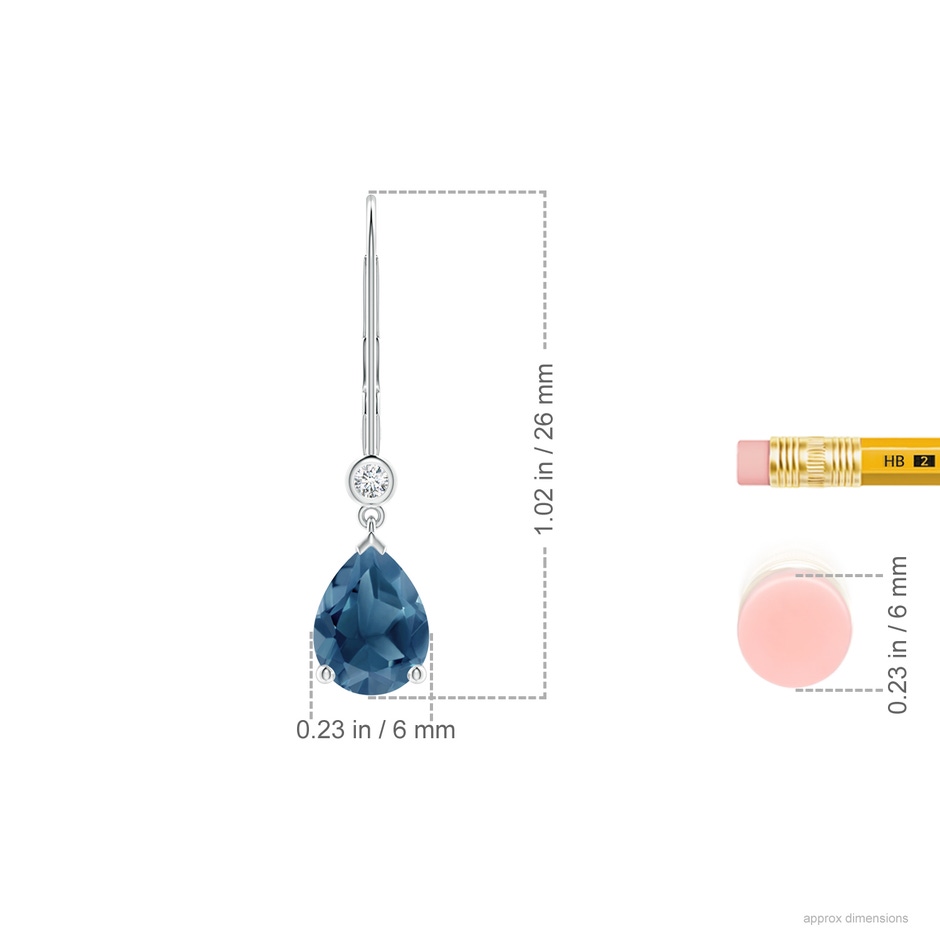 8x6mm A Pear-Shaped London Blue Topaz Leverback Drop Earrings with Diamond in 18K White Gold ruler