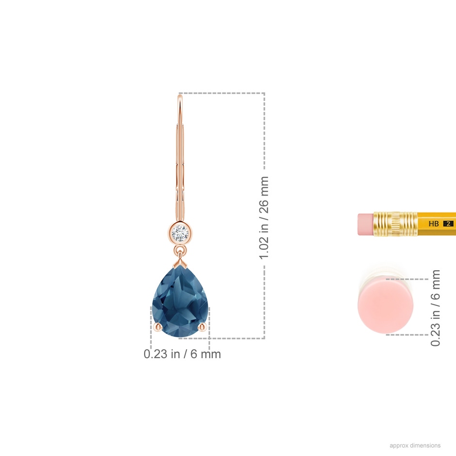 8x6mm A Pear-Shaped London Blue Topaz Leverback Drop Earrings with Diamond in Rose Gold ruler