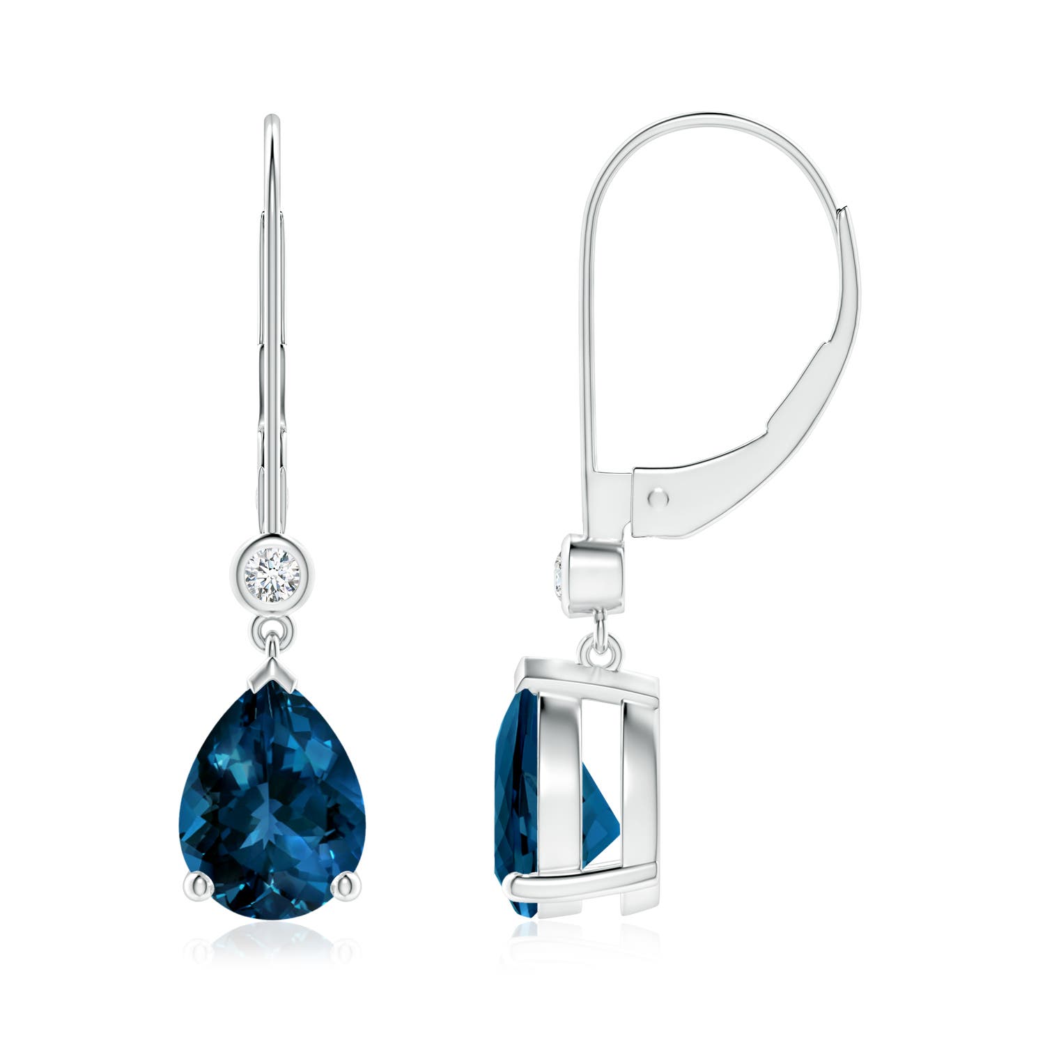 8x6mm AAAA Pear-Shaped London Blue Topaz Leverback Drop Earrings with Diamond in 18K White Gold