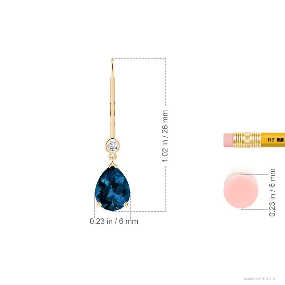 8x6mm AAAA Pear-Shaped London Blue Topaz Leverback Drop Earrings with Diamond in Yellow Gold ruler