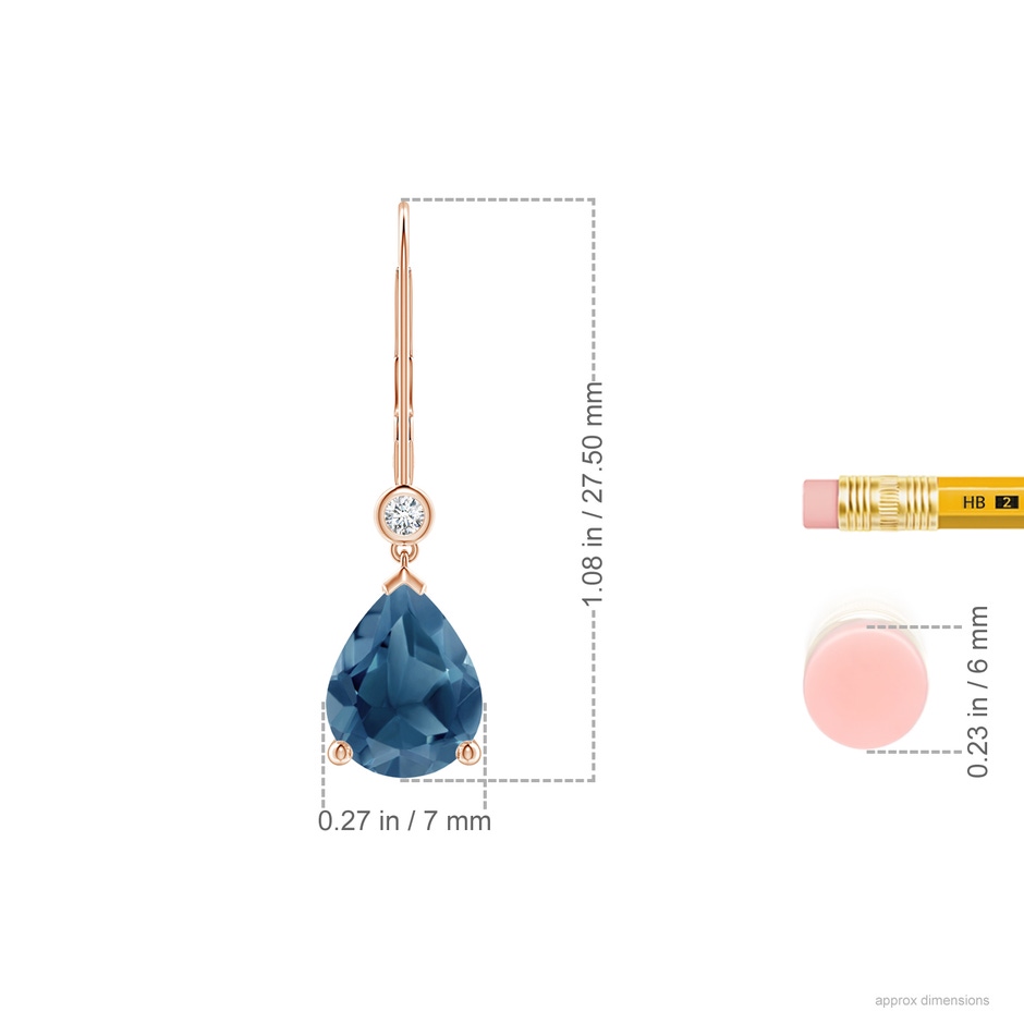 9x7mm A Pear-Shaped London Blue Topaz Leverback Drop Earrings with Diamond in Rose Gold ruler