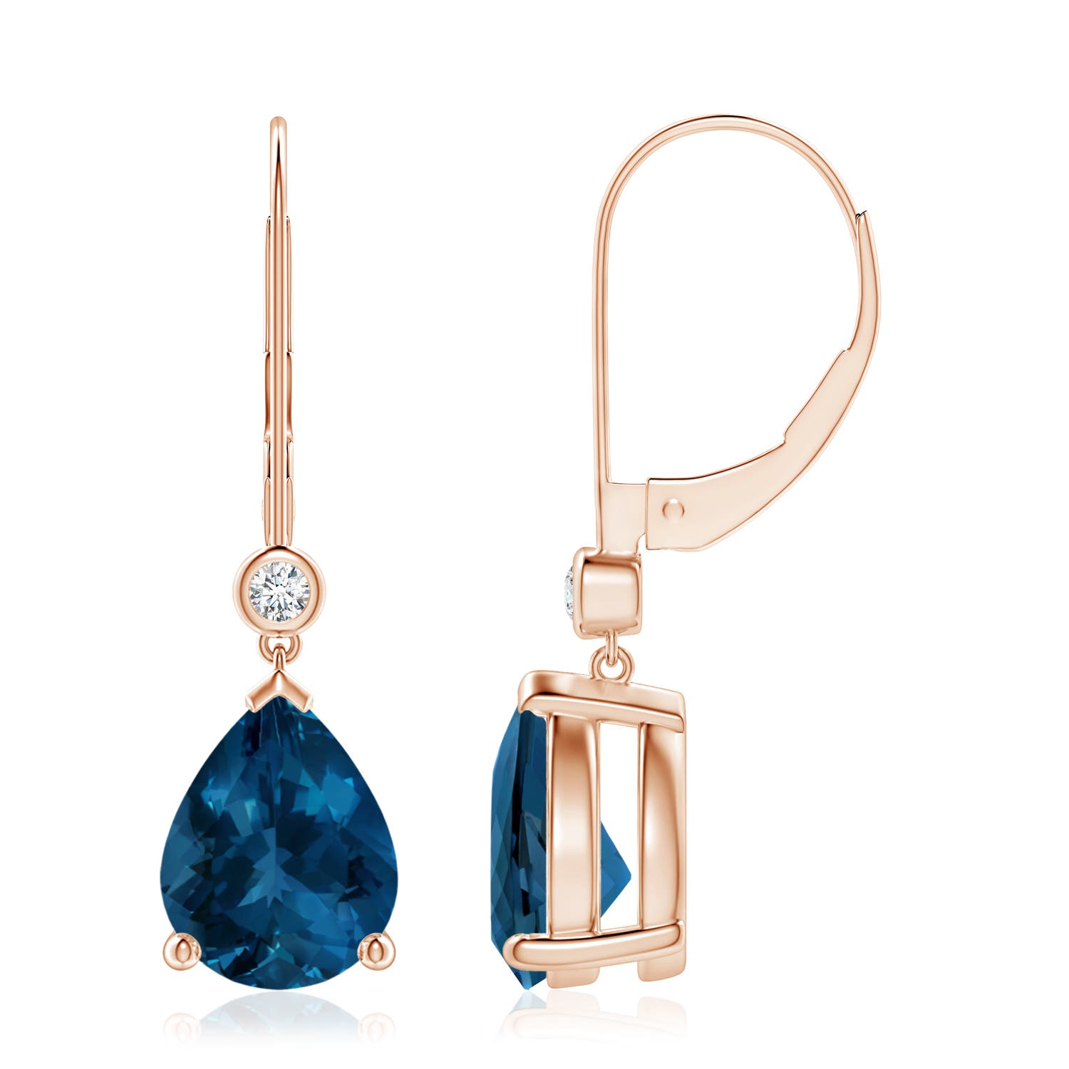 9x7mm AAA Pear-Shaped London Blue Topaz Leverback Drop Earrings with Diamond in 18CT Rose Gold