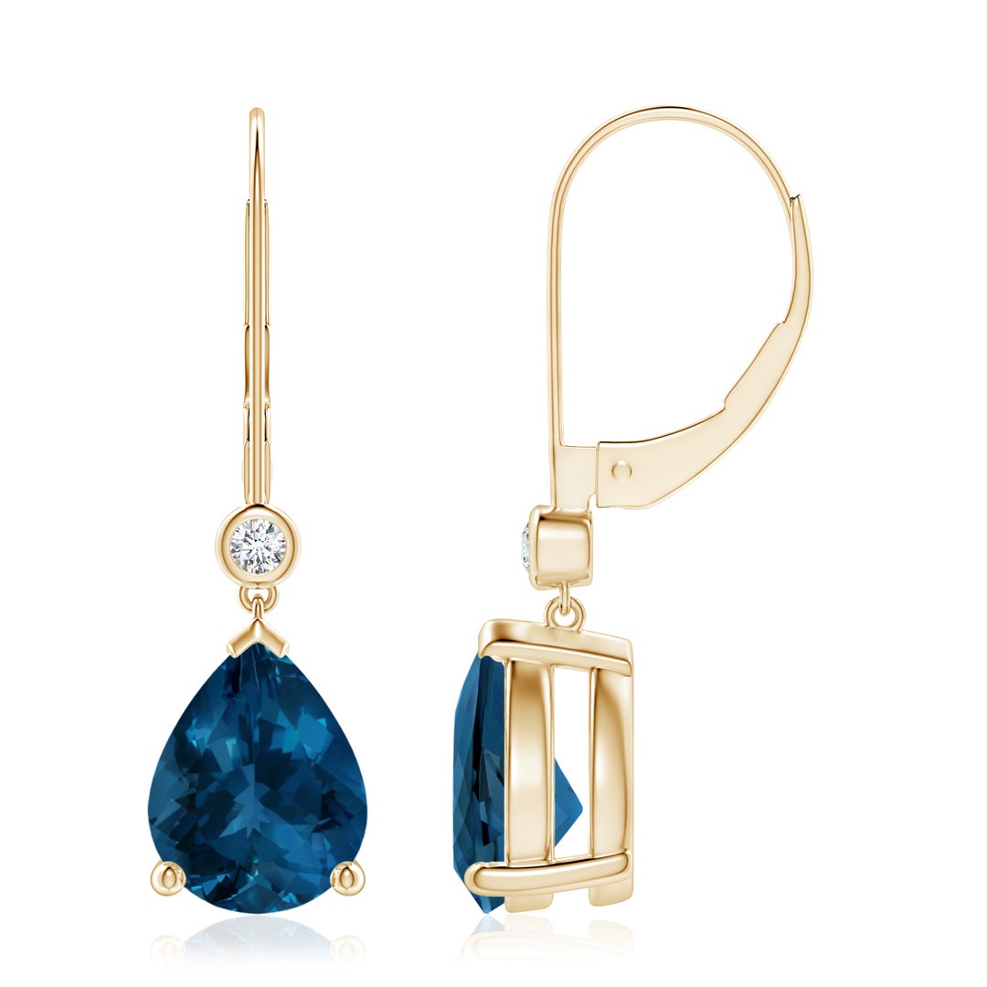 9x7mm AAA Pear-Shaped London Blue Topaz Leverback Drop Earrings with Diamond in Yellow Gold