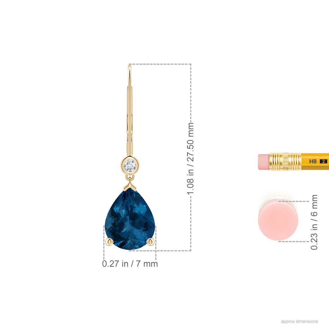 9x7mm AAA Pear-Shaped London Blue Topaz Leverback Drop Earrings with Diamond in Yellow Gold - ruler