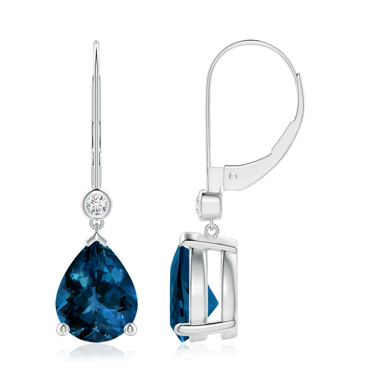 9x7mm AAAA Pear-Shaped London Blue Topaz Leverback Drop Earrings with Diamond in P950 Platinum