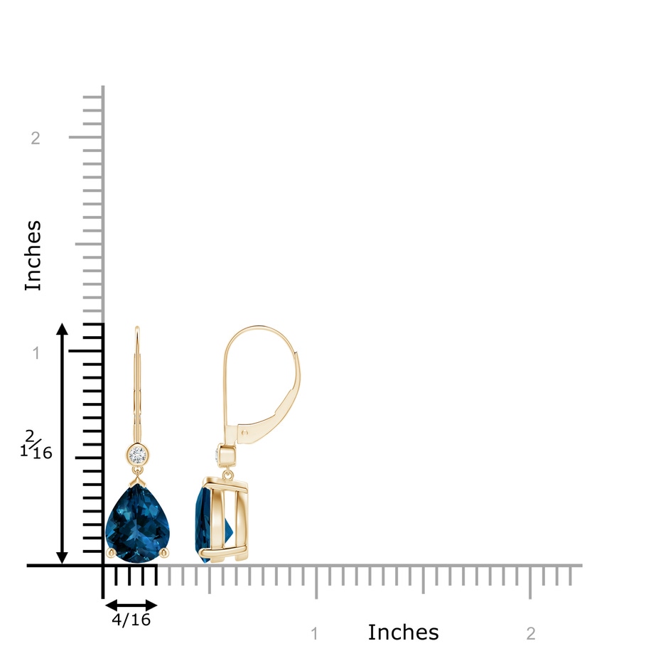 9x7mm AAAA Pear-Shaped London Blue Topaz Leverback Drop Earrings in Yellow Gold ruler