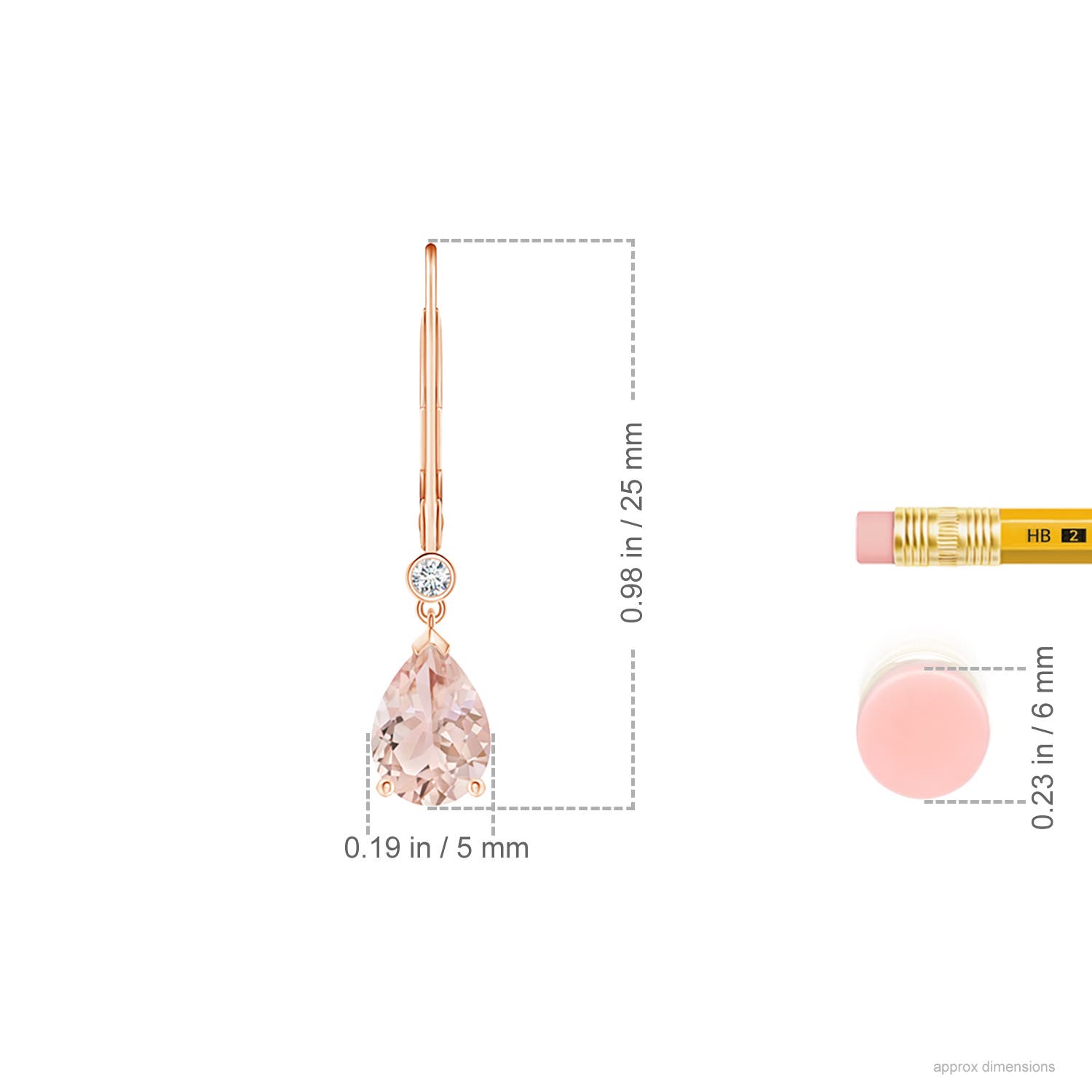 7x5mm AAA Pear-Shaped Morganite Leverback Drop Earrings with Diamond in Rose Gold - ruler