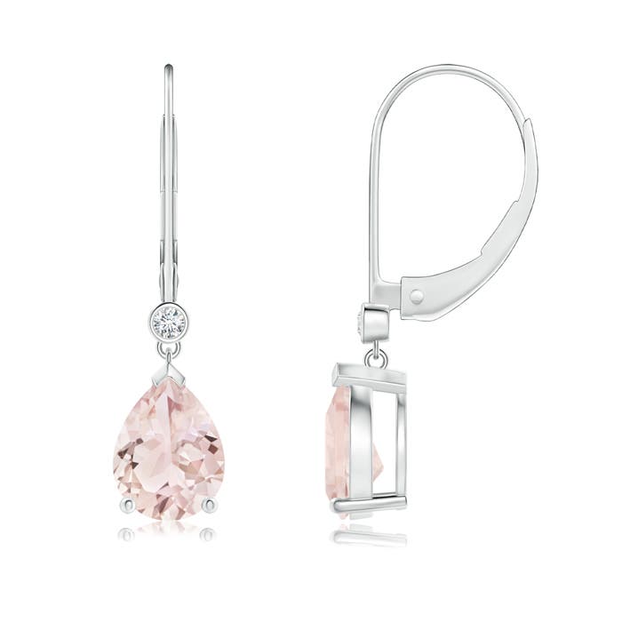 8x6mm A Pear-Shaped Morganite Leverback Drop Earrings with Diamond in 18CT White Gold