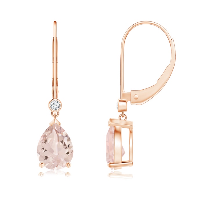 8x6mm AA Pear-Shaped Morganite Leverback Drop Earrings with Diamond in Rose Gold 