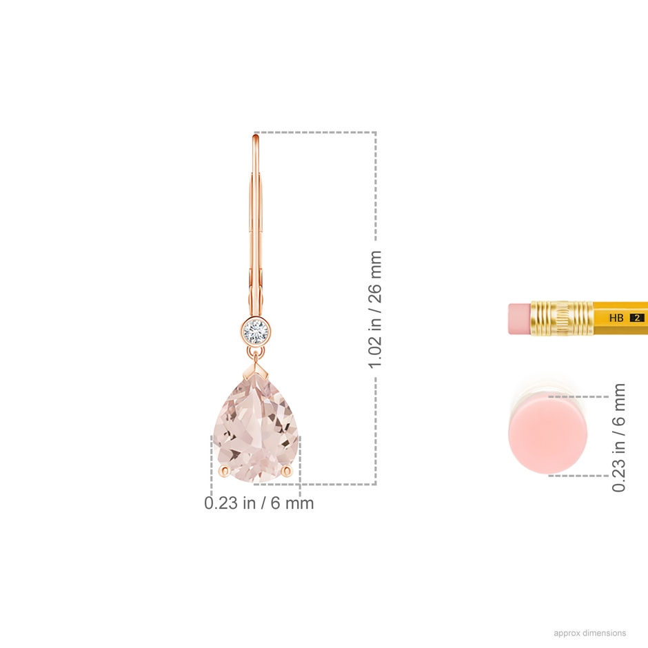 8x6mm AA Pear-Shaped Morganite Leverback Drop Earrings with Diamond in Rose Gold ruler