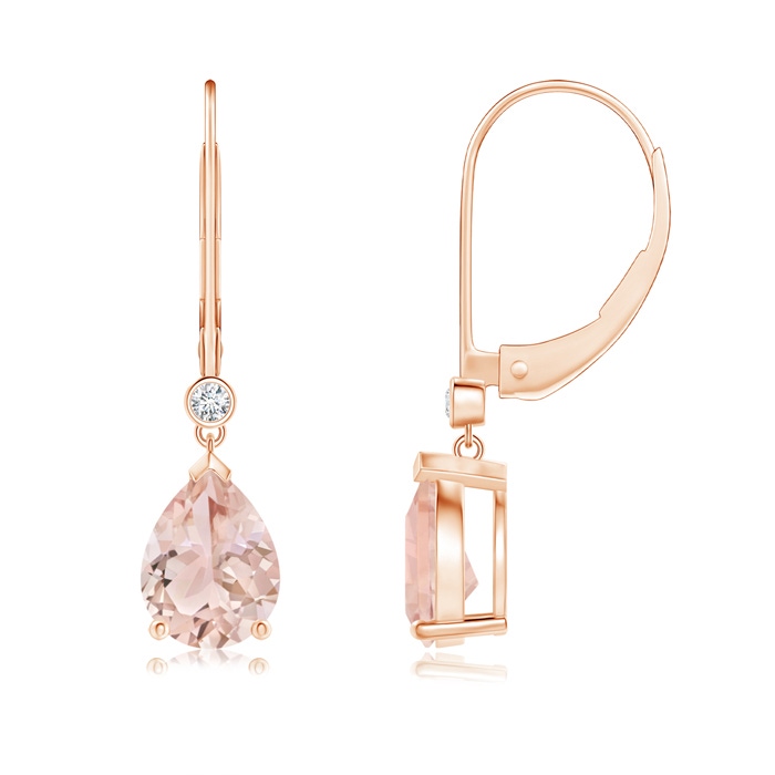 8x6mm AAA Pear-Shaped Morganite Leverback Drop Earrings with Diamond in Rose Gold