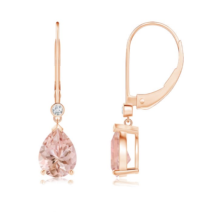 8x6mm AAAA Pear-Shaped Morganite Leverback Drop Earrings with Diamond in 18K Rose Gold