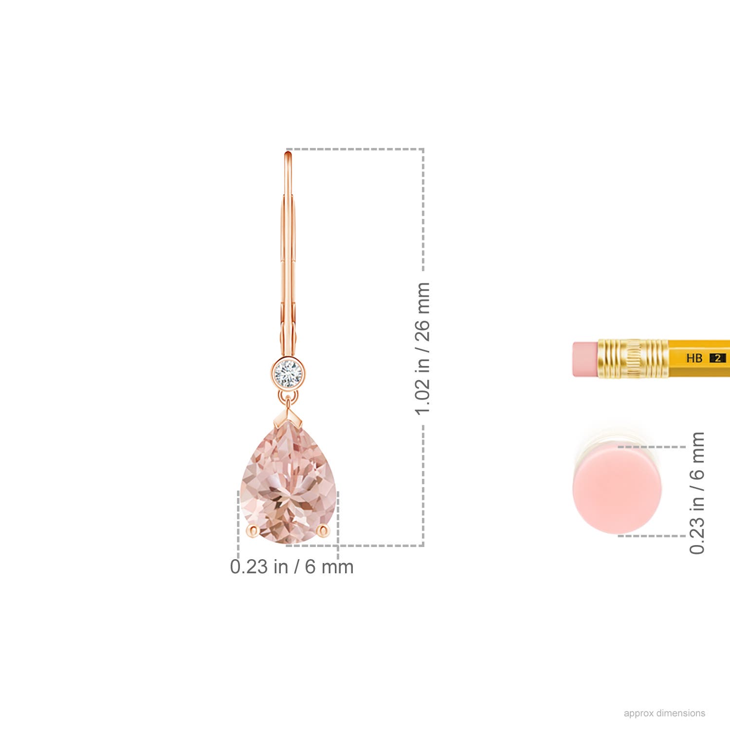 8x6mm AAAA Pear-Shaped Morganite Leverback Drop Earrings with Diamond in Rose Gold - ruler