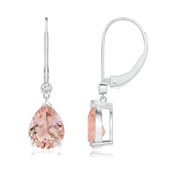 9x7mm AAA Pear-Shaped Morganite Leverback Drop Earrings with Diamond in 18CT White Gold
