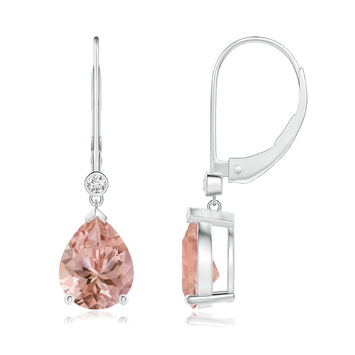 9x7mm AAAA Pear-Shaped Morganite Leverback Drop Earrings with Diamond in 18CT White Gold