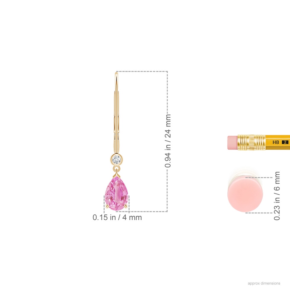 6x4mm A Pear-Shaped Pink Sapphire Leverback Drop Earrings with Diamond in 9K Yellow Gold ruler