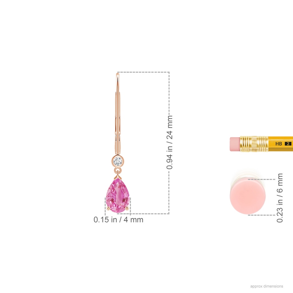 6x4mm AA Pear-Shaped Pink Sapphire Leverback Drop Earrings with Diamond in Rose Gold ruler