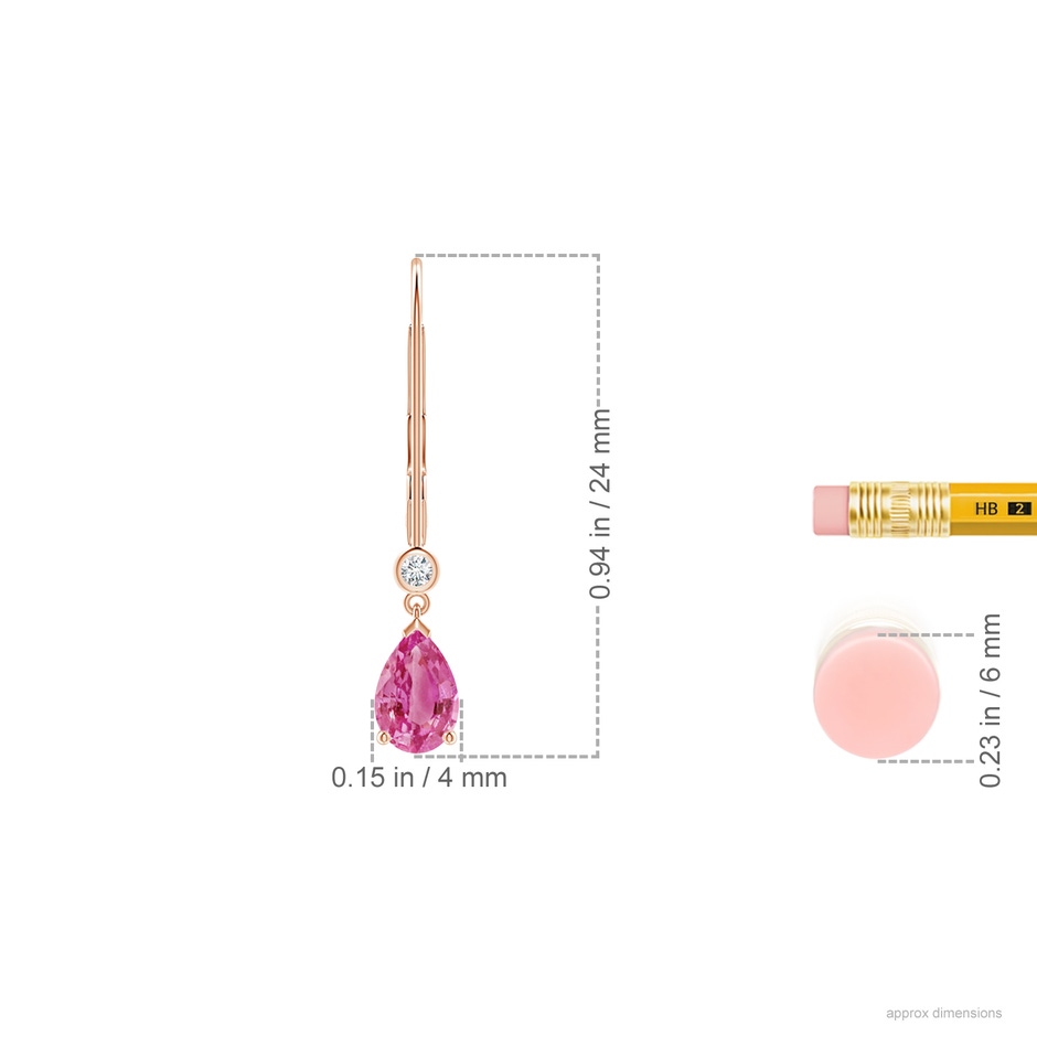 6x4mm AAA Pear-Shaped Pink Sapphire Leverback Drop Earrings with Diamond in Rose Gold ruler