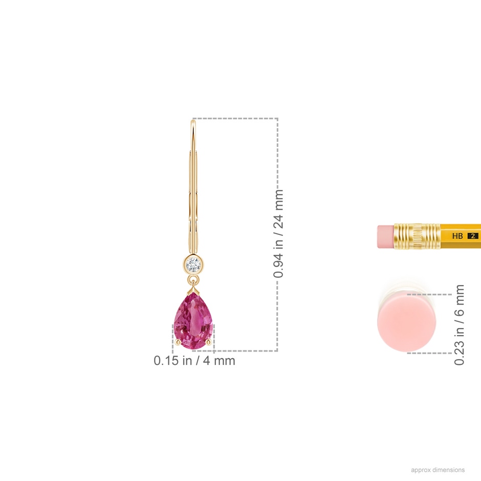 6x4mm AAAA Pear-Shaped Pink Sapphire Leverback Drop Earrings with Diamond in Yellow Gold ruler