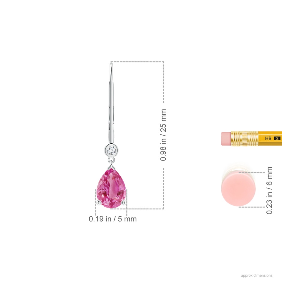 7x5mm AAA Pear-Shaped Pink Sapphire Leverback Drop Earrings with Diamond in White Gold ruler