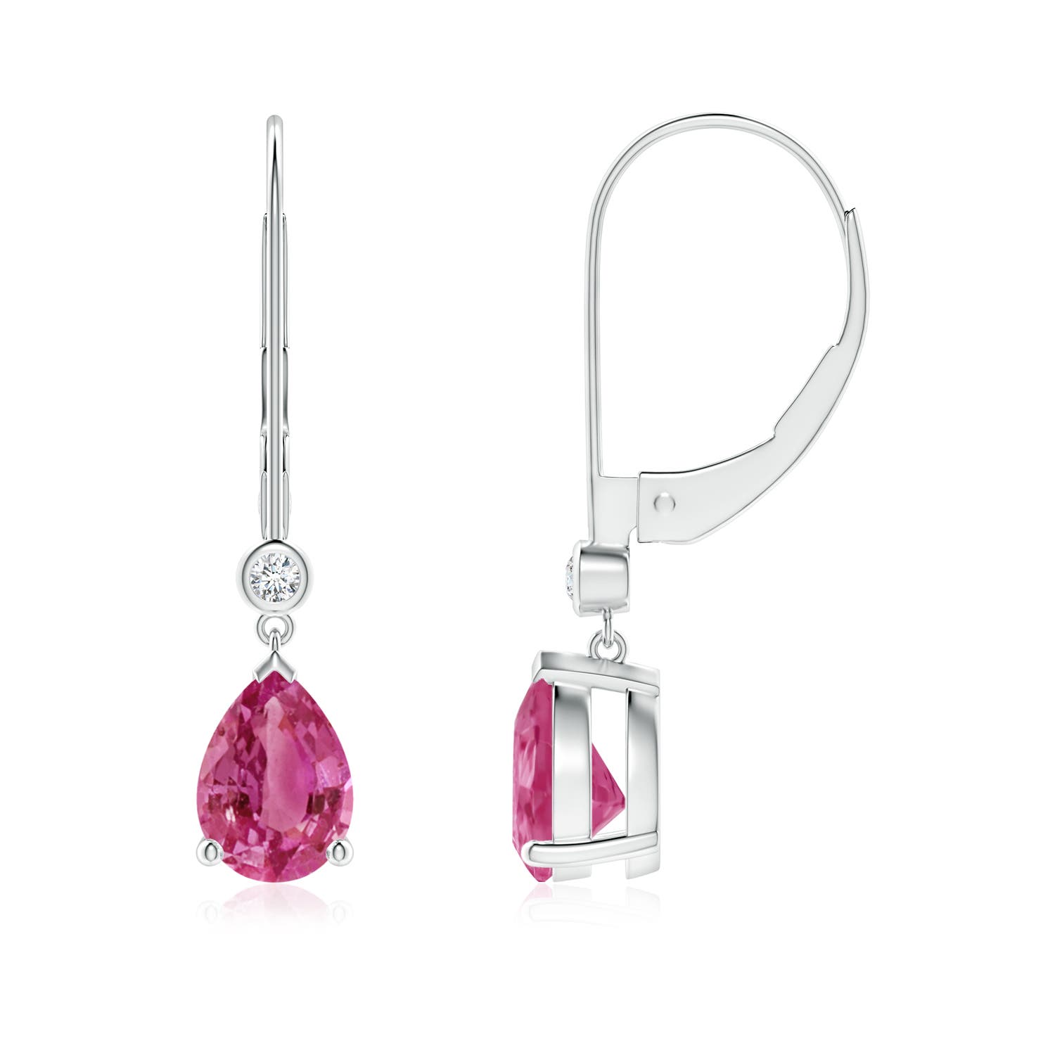 7x5mm AAAA Pear-Shaped Pink Sapphire Leverback Drop Earrings with Diamond in P950 Platinum