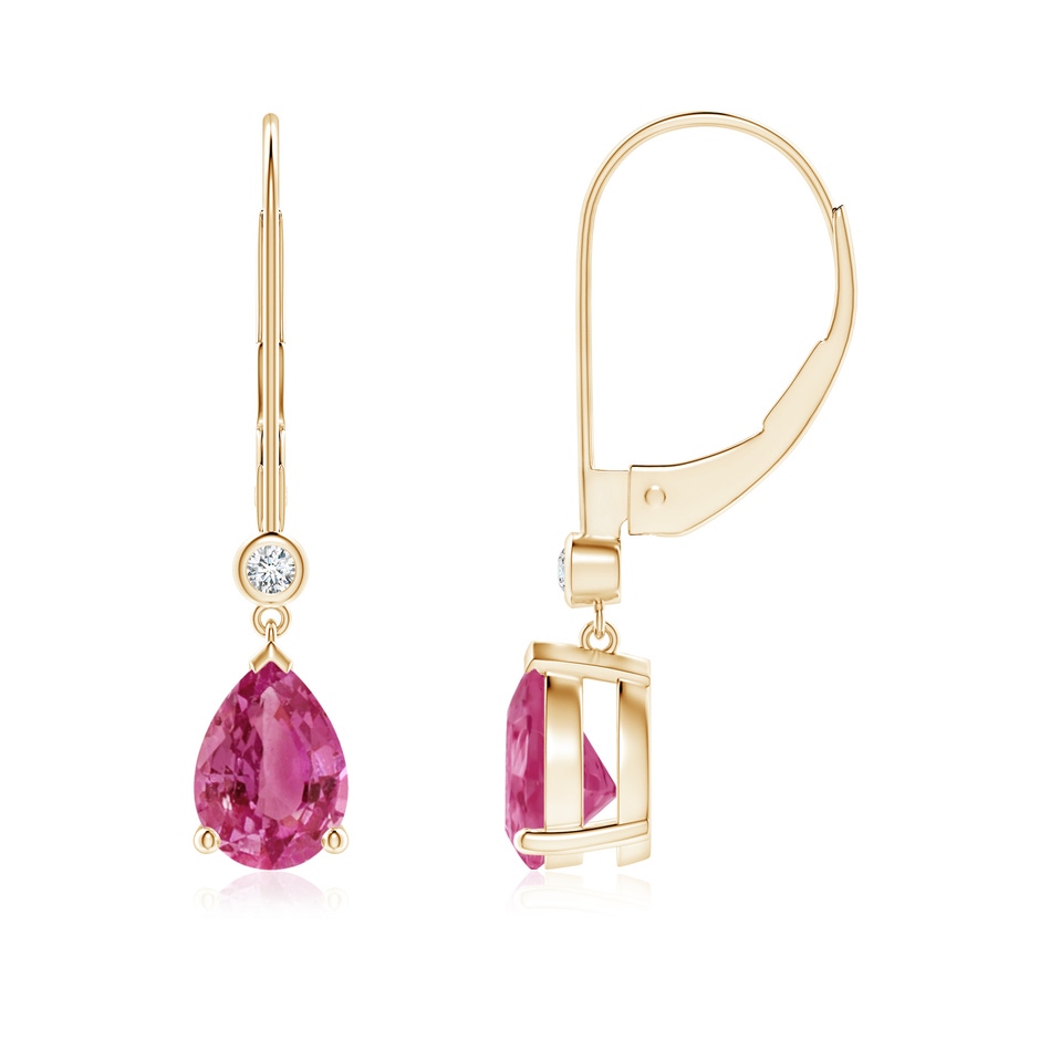 7x5mm AAAA Pear-Shaped Pink Sapphire Leverback Drop Earrings with Diamond in Yellow Gold 
