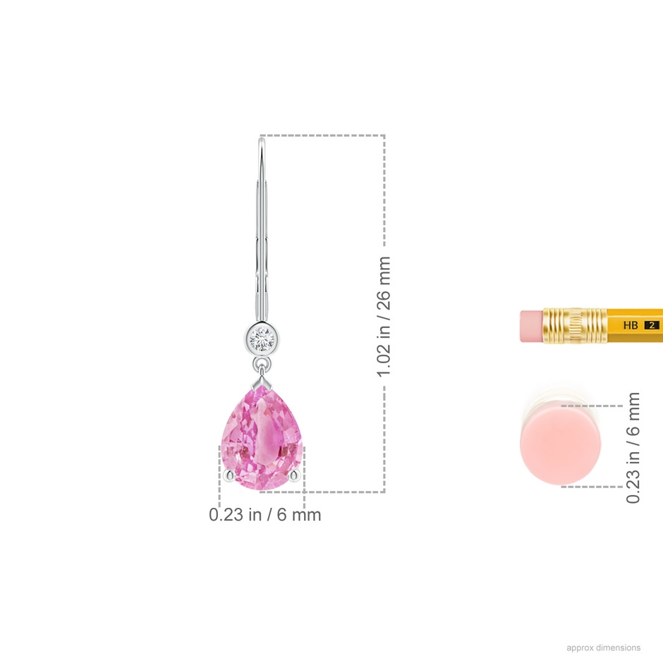 8x6mm A Pear-Shaped Pink Sapphire Leverback Drop Earrings with Diamond in 18K White Gold ruler