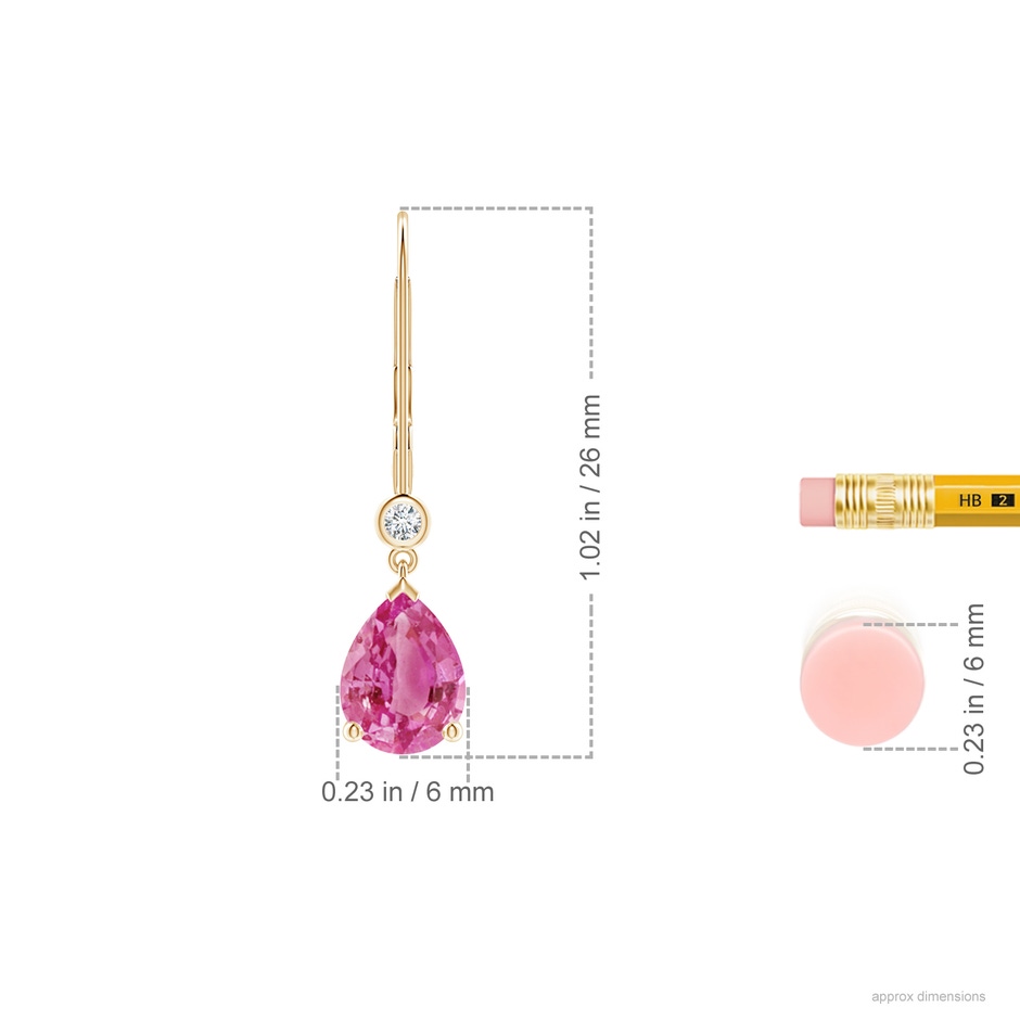8x6mm AAA Pear-Shaped Pink Sapphire Leverback Drop Earrings with Diamond in 18K Yellow Gold ruler