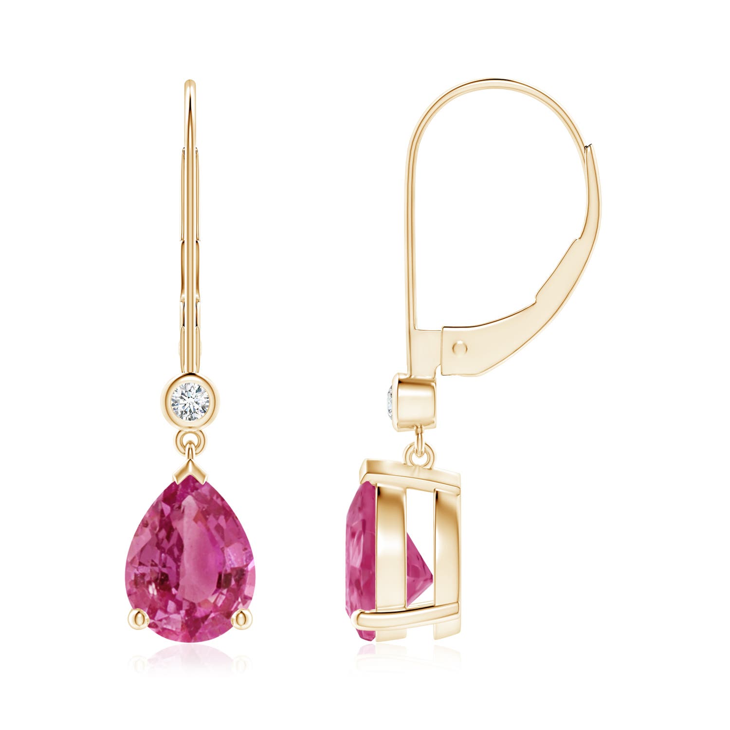 8x6mm AAAA Pear-Shaped Pink Sapphire Leverback Drop Earrings with Diamond in 18K Yellow Gold