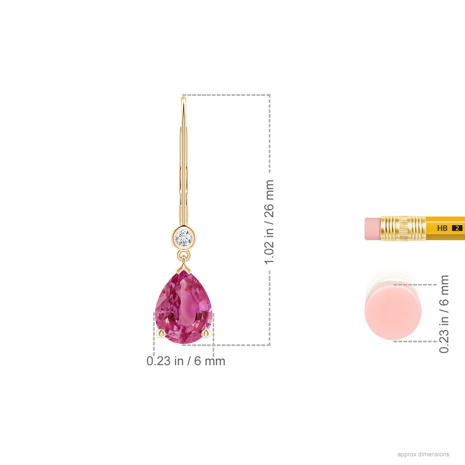 8x6mm AAAA Pear-Shaped Pink Sapphire Leverback Drop Earrings with Diamond in Yellow Gold ruler