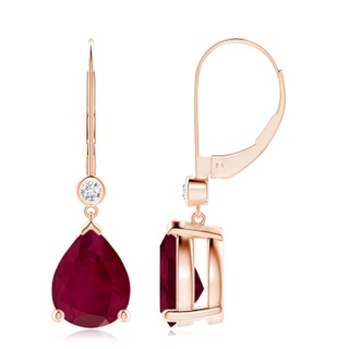 10x8mm A Pear-Shaped Ruby Leverback Drop Earrings with Diamond in Rose Gold