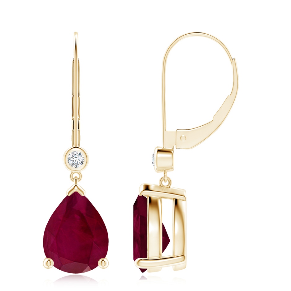 10x8mm A Pear-Shaped Ruby Leverback Drop Earrings with Diamond in Yellow Gold 