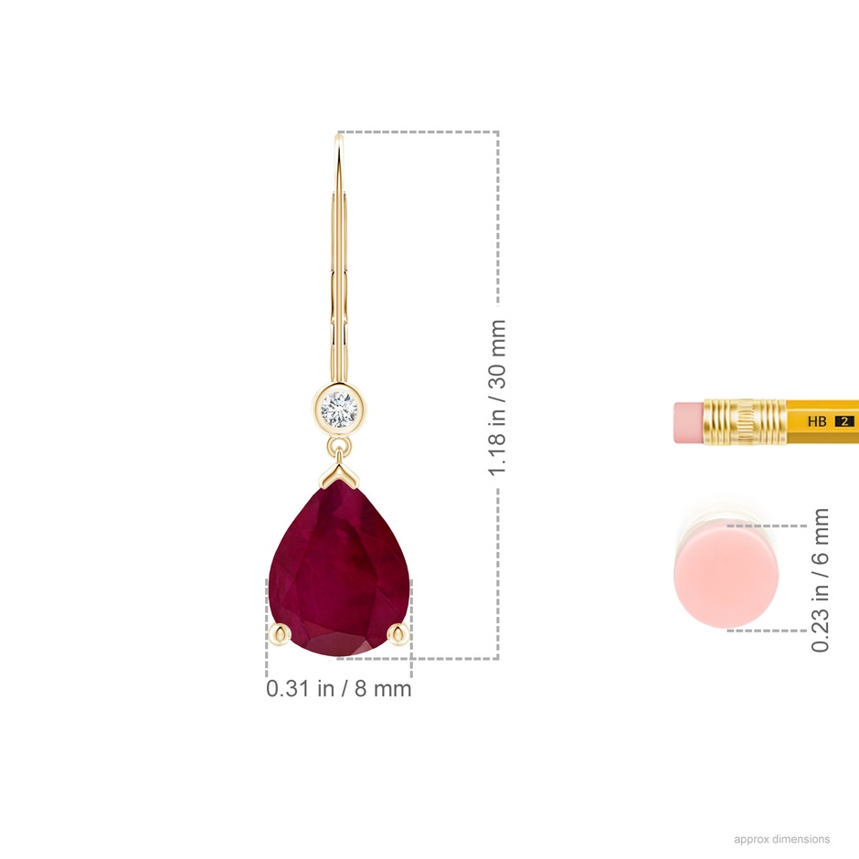 10x8mm A Pear-Shaped Ruby Leverback Drop Earrings with Diamond in Yellow Gold ruler